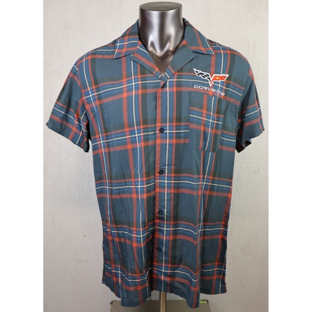 Mens GM Corvette Plaid Shirt Embroidered‎ Logo Sz L Rayon Short Sleeve Button Up